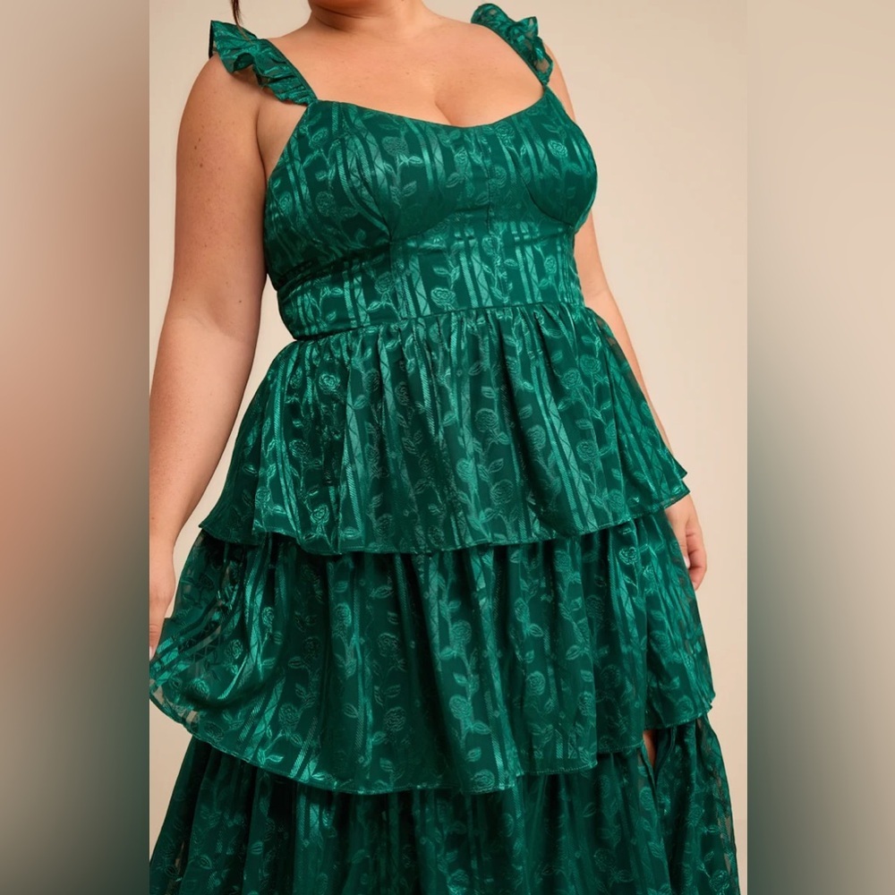Lulus Stunning Glory Hunter Green Floral Jacquard Tiered Maxi Dress - Picture 6 of 11